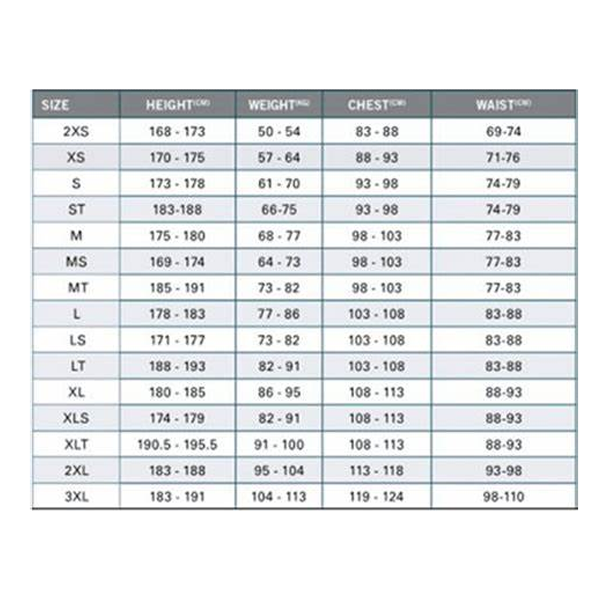 Obrien-wetsuit-size-chart